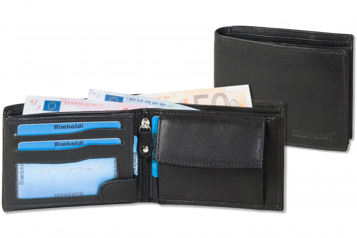 Rimbaldi® Kleine Geldbörse mit großem Geldscheinfach in Schwarz aus feinem Leder 