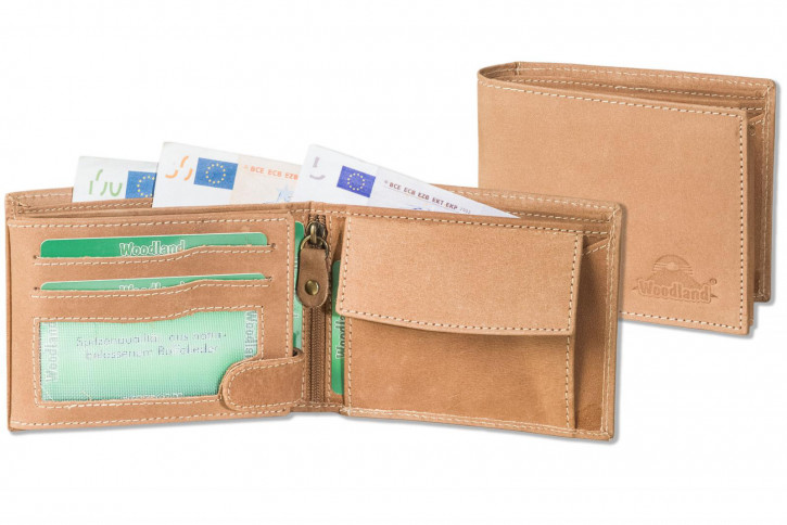 Woodland® Riegelgeldbörse im Querformat mit RFID Ausleseschutz der Kreditkartendaten Naturbelassenem Büffelleder  Braun