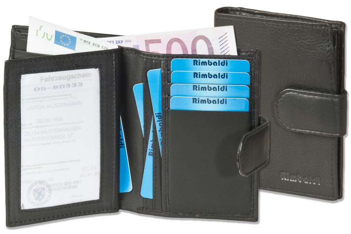 Rimbaldi® Moderne Universal-Geldbörse mit großem Außenriegel aus weichem, naturbelassenem Rindsleder in Schwarz