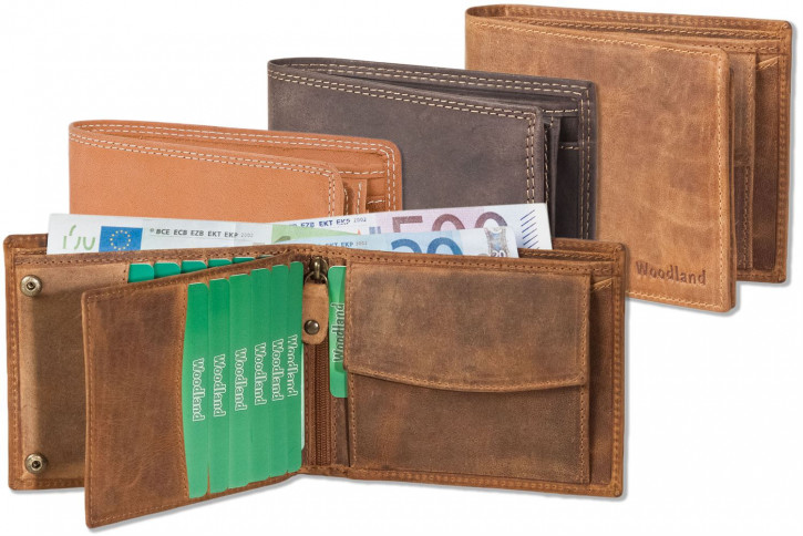 Woodland® Querformatbörse mit Platz für 11 Kreditkarten aus naturbelassenem, weichem Büffelleder