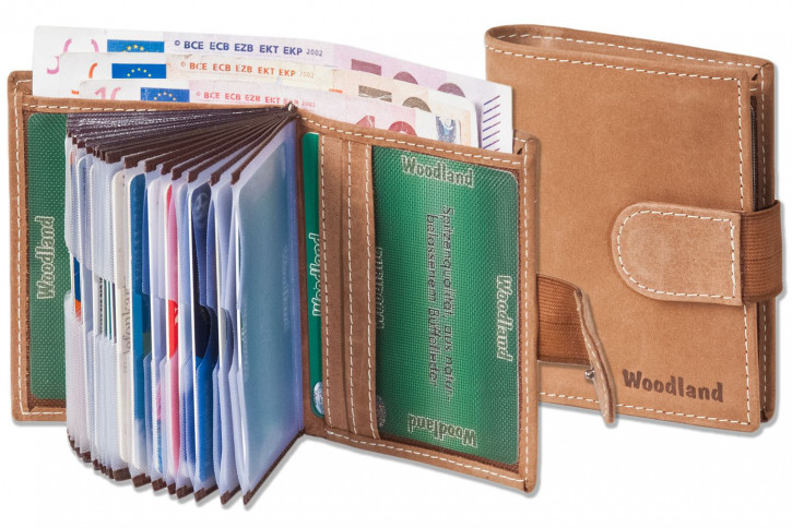 Woodland® Kompakte Geldbörse mit XXL-Kreditkartentaschen für 18 Karten Naturbelassenes Büffelleder Braun