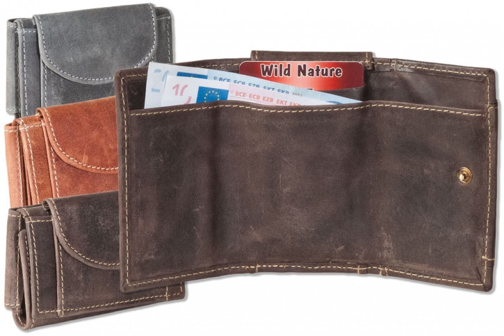 Wild Nature® Mini Geldbörse mit Geldscheintaschen + Schlüsseltasche mit Kette und Schlüsselring aus geöltem, naturbelassenem Büffelleder