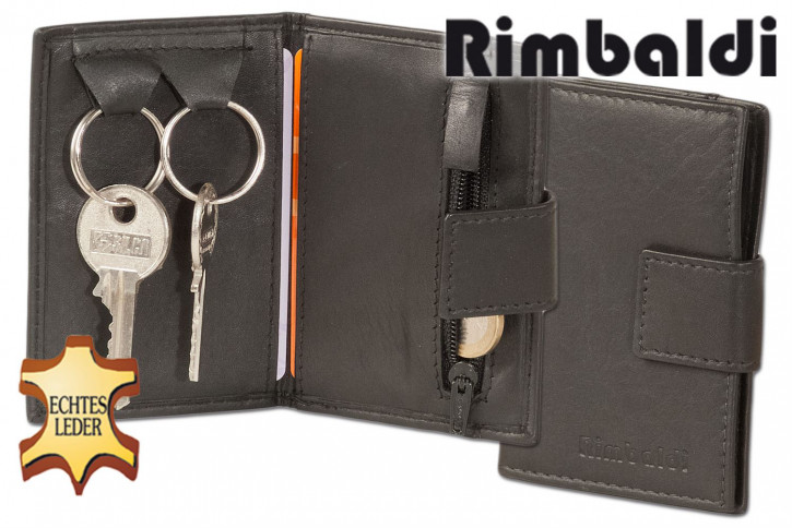 Rimbaldi® Schlüsseltasche mit Außen-Hartgeldfach und Kreditkartenfach aus weichem, naturbelassenem Rindsleder in Schwarz