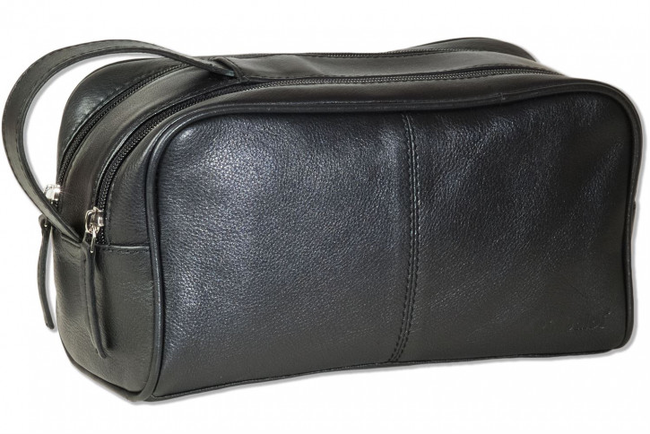 Rimbaldi® Kulturtasche mit 2 großen Reißverschlussfächern aus weichem Rind-Nappaleder in Schwarz