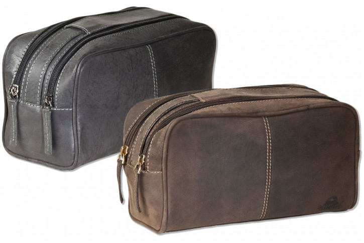 Woodlland® Kulturtasche mit 2 großen Reißverschlussfächern aus weichem, naturbelassenem Büffelleder
