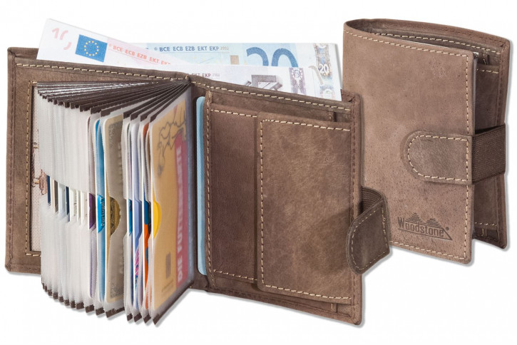 Woodstone® Super-Kompakte Geldbörse mit XXL-Kreditkartentaschen für 18 Karten aus naturbelassenem Büffelleder
