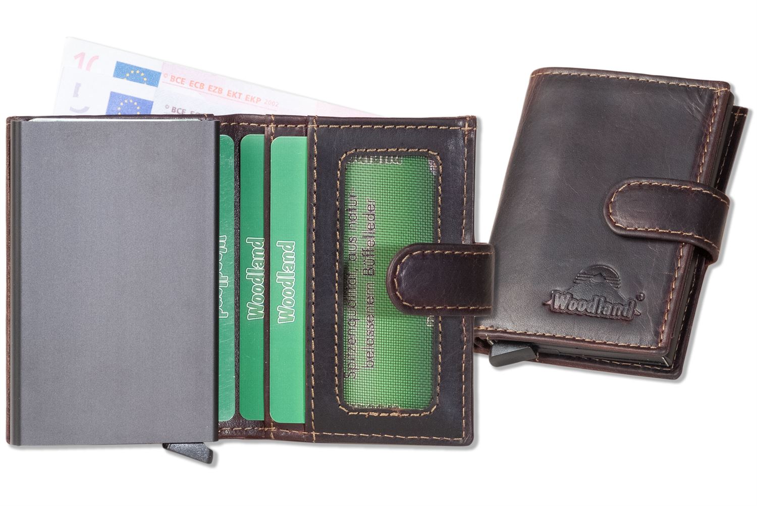 Woodland® FLIP-OUT Automatik-Geldbörse mit RFID/NFC-Blocker Schutz für 10 Kreditkarten aus Rindsleder in Dunkelbraun/Multicolor