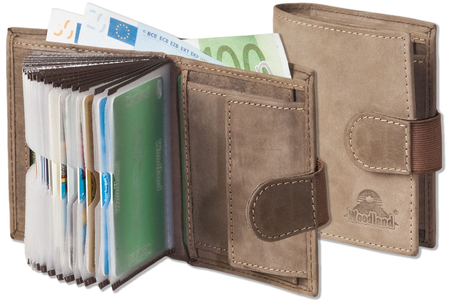 Woodland® Kompakte, kleine Geldbörse mit Platz für 21 Kreditkarten aus weichem, naturbelassenem Büffelleder Dunkelbraun/Taupe