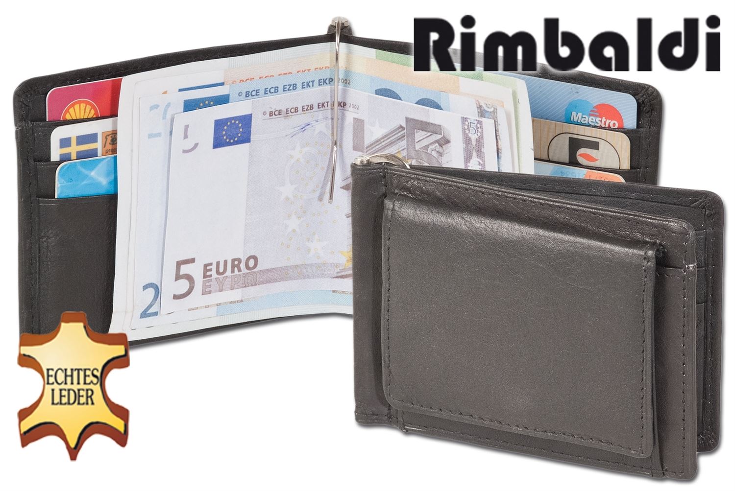 Rimbaldi® Superflache Lederbörse mit Geldklipp und Außen-Münzfach aus weichem Rind-Nappaleder in Schwarz