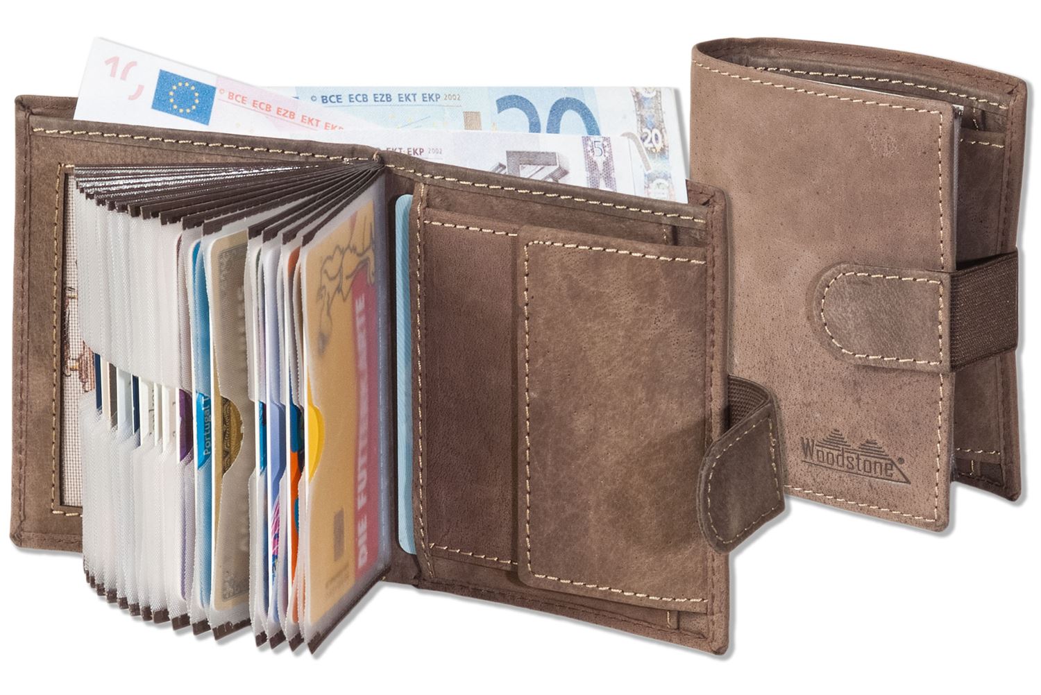 Woodstone® Super-Kompakte Geldbörse mit XXL-Kreditkartentaschen für 18 Karten aus naturbelassenem Büffelleder in Dunkelbraun/Taupe