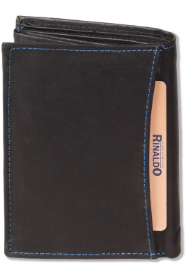 Rinaldo® Hochformat Riegelbörse, aus glatten naturbelassenem Rindsleder in Schwarz mit blauem Seitenstreifen
